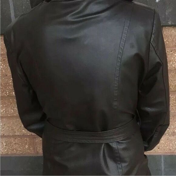 Y2K Long Leather Black Belted Jacket Rare Hoodie Trench Coat M - Picture 10 of 15